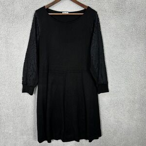 Eliza J Black Knit Dress L Lace Sleeve Skater Fit & Flare‎ Whimsigoth Gothic Pre